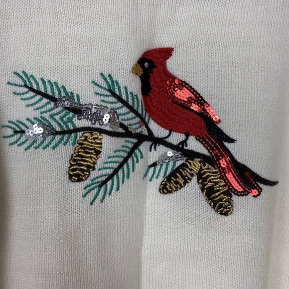 NWT Croft and Barrow Sweater Cardinal Bird Embroidered Sequin Women XXL Ivory - Picture 2 of 6